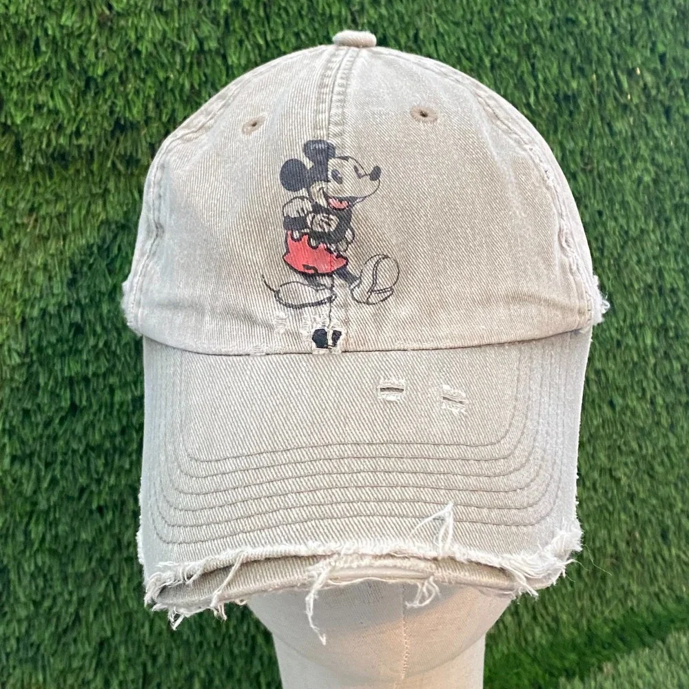 Mickey Mouse Disney Baseball Cap Beige OS Distressed Embroidered Slideback Hat